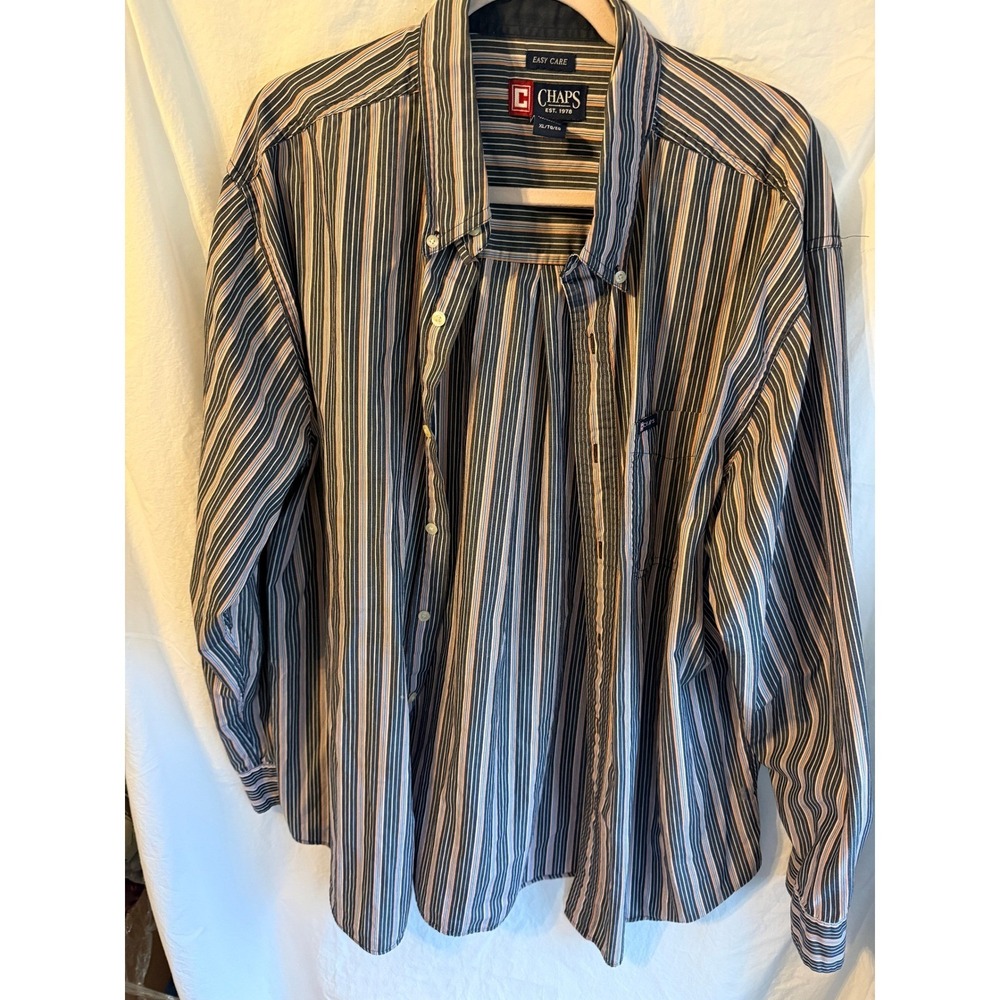 Chaps Mens XL Easy Care Button Down Shirt Long Sleeve Striped Navy Blue Orange